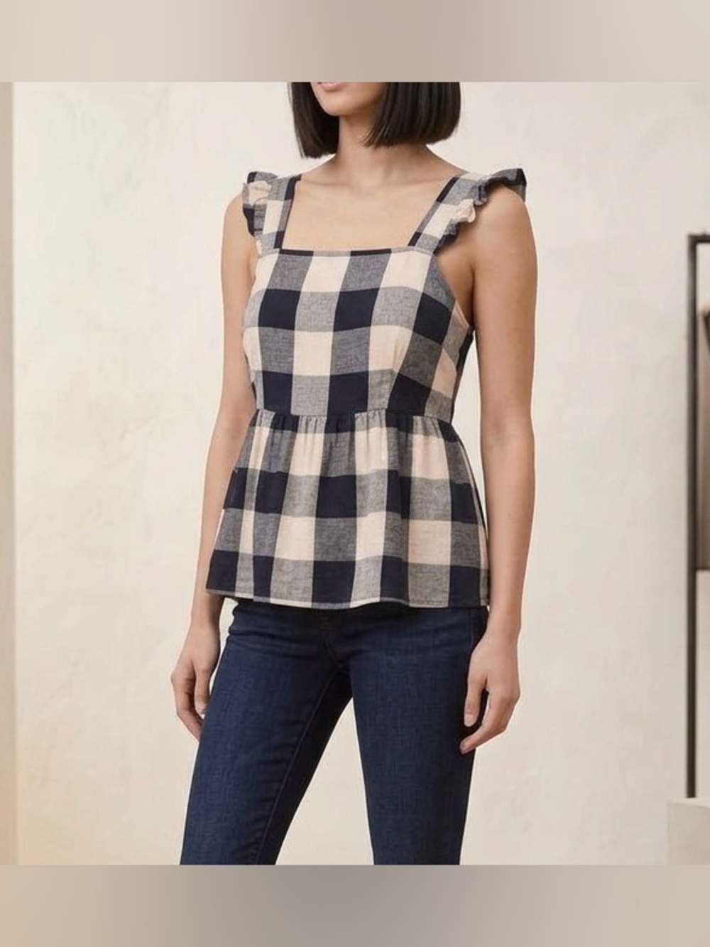 Who What Wear Plaid Peplum Tank Black Tan Ruffle Linen Blend Size M Boho Gingham